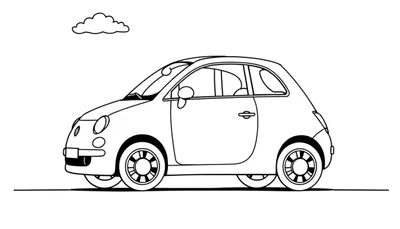 Zwart-wit lijntekening van een schattige, cartoonachtige auto, getekend in zijprofiel, met koplampen, wielen, deuren, ramen, zijspiegel, een wolkje en de grondlijn. Het is een eenvoudige kleurplaat voor kinderen.