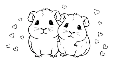 Kleurplaat van twee knuffelende cavia's met kleine hartjes eromheen.