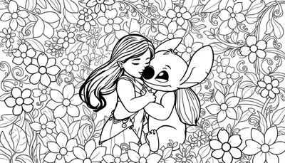 Zwart-wit kleurplaat van Lilo die Stitch teder omhelst, omringd door gedetailleerde bloemen, bladeren en bessen.