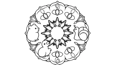 Mandala kleurplaat met bloemmotieven, symmetrische patronen en drie schattige dieren: een hamster, een eendje en een slak.