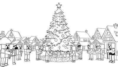 Zwart-wit kleurplaat met een kerstboom in Minecraft-stijl, omringd door personages die kerstliederen zingen, met cadeaus en een winterdorp op de achtergrond.