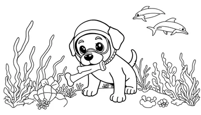 Kleurplaat van een schattige puppy met duikbril en mutsje die een bot vasthoudt, zwemmend in een onderwaterwereld met dolfijnen, zeewier, een krab en koraal.