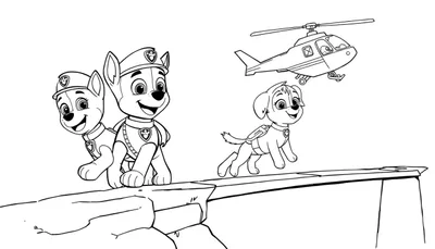 Kleurplaat van Paw Patrol met de puppies Chase en Skye, een helikopter en een rotsbrug.