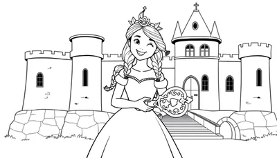 Zwart-wit lijntekening van een prinses die een sleutel vasthoudt met een kasteel op de achtergrond.