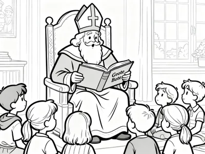 Kleurplaat van Sinterklaas die in een versierde stoel zit en voorleest uit een boek aan een groep aandachtig luisterende kinderen. De Sint draagt een mijter en mantel, met op de achtergrond een raam en boeken.
