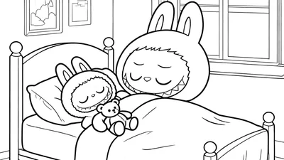 Zwart-wit Labubu kleurplaat met twee slapende konijnachtige figuren in een bed, waarvan één een teddybeer vasthoudt, in een rustige slaapkamer.