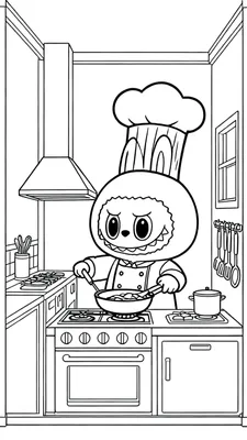 Labubu cartoon chef-kok met nors gezicht roert in koekenpan op gasfornuis in gedetailleerde keuken met oven, afzuigkap en keukengerei.