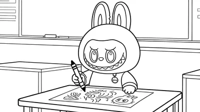 Zwart-wit lijntekening kleurplaat van Labubu in ondeugend konijnenkostuum met GUCCI-ketting, tekenend aan een bureau in een klaslokaal met schoolbord.