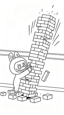Labubu in een pluizig konijnenpak probeert een instortende Jenga-toren vast te houden, met vallende blokken en een bezorgde uitdrukking.