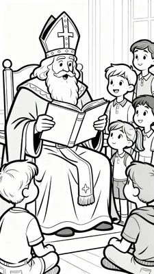 Kleurplaat van Sinterklaas met mijter en bisschopsgewaad, die voorleest uit een groot boek aan een groep aandachtig luisterende kinderen in een kamer.