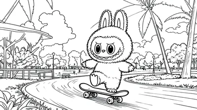Zwart-wit kleurplaat van Labubu, een pluizig konijnachtig wezentje met lange oren, een brede glimlach, en een harig pak, skateboardend door een park met veel bomen, palmbomen, bankjes en lantaarnpalen.
