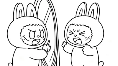 Zwart-wit Labubu kleurplaat van een boos konijn in een hoodie dat naar zijn nog bozer reflectie in een ovale spiegel kijkt, wijzend naar het spiegelbeeld.