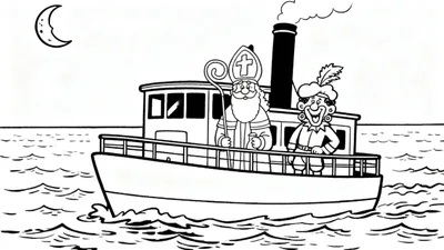 Kleurplaat van Sinterklaas en Zwarte Piet op de stoomboot, varend onder een maansikkel door golvend water.