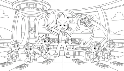 Kleurplaat van Paw Patrol met Ryder, zes glimlachende pups (Marshall, Rubble, Chase, Zuma, Rocky en een pup met bouwhelm) en vliegende Skye in de hoge, futuristische uitkijkpost met consoles en wolken op de achtergrond.
