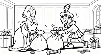 Kleurplaat van Sinterklaas en Zwarte Piet in een kamer vol cadeaus. Sinterklaas zit met mijter en zak, Zwarte Piet staat lachend met veer en zak. Op de grond liggen snoepjes en munten. Kamer met boograam en stapels ingepakte cadeaus op de achtergrond.