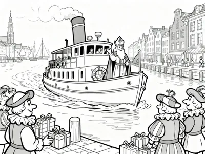 Zwart-wit kleurplaat van de aankomst van Sinterklaas per stoomboot. Sinterklaas staat op het dek en zwaait naar een menigte van kinderen, volwassenen en Pieten op de kade. Op de kade liggen stapels cadeautjes. Achter de kade zijn grachtenpanden en een kerktoren te zien. Op het water liggen ook zeilb