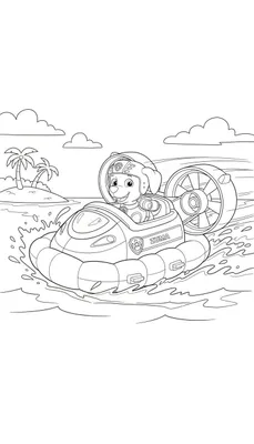 Zwart-wit kleurplaat van Zuma van Paw Patrol in zijn hovercraft, varend over water met opspattende golven. Op de achtergrond een tropisch eiland met palmbomen en wolken. Zijn naam 'ZUMA' en het Paw Patrol logo zijn zichtbaar op het voertuig.