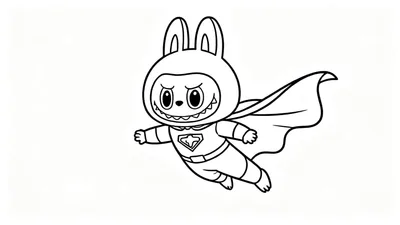 Zwart-witte lijntekening van Labubu als vliegende superheld, met lange oren, cape, schildsymbool en een ondeugende glimlach.