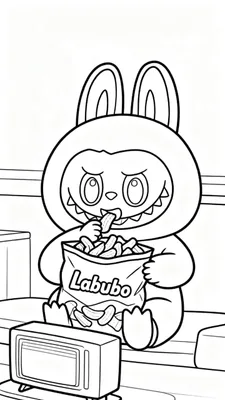 Zwart-wit Labubu kleurplaat: Ondeugend figuur met konijnenoren hoodie eet chips uit 'Labubo' zak voor een retro tv, zittend in een kamer.