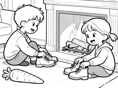 Kleurplaat van twee lachende kinderen, een jongen en een meisje, die bij een open haard hun schoenen klaarmaken. Een grote wortel ligt op de vloer, symbolisch voor Sinterklaas.