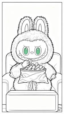 Labubu kleurplaat: harig monster met groene ogen en scherpe tanden, zittend in een fauteuil, snacks etend uit een zak. Zwart-wit lijntekening, behalve de groene ogen.