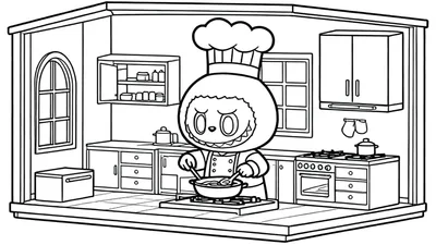 Zwart-wit kleurplaat van Labubu als chef-kok in een keuken. Labubu roert met twee lepels in een pan op een fornuis, omringd door aanrechten, kastjes, een raam en een tegelvloer.