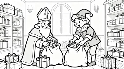Zwart-wit kleurplaat van Sinterklaas en Piet die samen cadeaus in grote zakken pakken in een pakhuis vol geschenken, met een raam en wandkandelaren op de achtergrond.