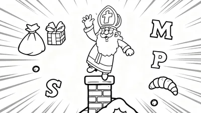 Kleurplaat van vrolijk zwaaiende Sinterklaas op een schoorsteen met cadeauzak, ingepakt cadeau, pepernoten, speculaasbroodje en de letters S, M, P.