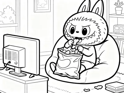 Zwart-wit kleurplaat van Labubu, een pluizig monster, dat in een zitzak chips eet voor een flatscreen tv. Naast de tv staat een spelcomputer, en in de kamer zijn een raam en een boekenplank zichtbaar. Chipskruimels liggen op de vloer.
