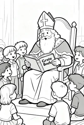 Zwart-wit kleurplaat van Sinterklaas op een versierde troon, voorlezend uit het Grote Boek aan een groep aandachtig luisterende kinderen met verschillende haarstijlen en houdingen.