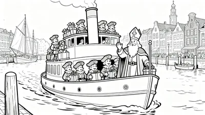 Zwart-wit kleurplaat van Sinterklaas die aankomt met zijn stoomboot in een Nederlandse stad. Sinterklaas zwaait, omringd door Pieten met cadeautjes. Op de achtergrond grachtenpanden en een kerktoren, en mensen langs de kade.