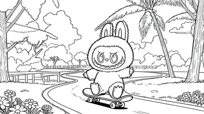 Zwart-wit kleurplaat van Labubu, een konijnachtig wezen met grote oren en een glimlach, rijdend op een skateboard in een groen park met bloemen, bomen, palmbomen en een hek op de achtergrond.