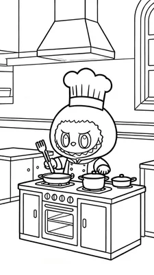 Zwart-wit Labubu kok kleurplaat in een gedetailleerde keuken, roerend in een koekenpan op een fornuis met meerdere potten, een oven en een raam.