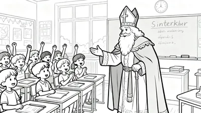 Kleurplaat van Sinterklaas in een klaslokaal, omringd door lachende kinderen die hun handen opsteken.