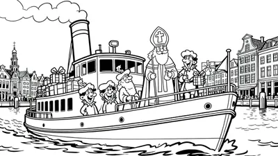 Kleurplaat van Sinterklaas op zijn stoomboot vol cadeaus, omringd door Pieten, varend door een Nederlandse stad met grachtenpanden en kerktoren.
