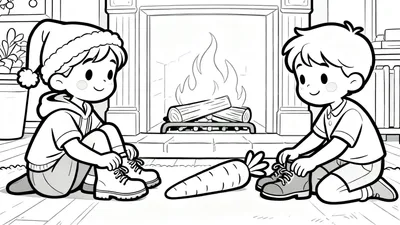 Kleurplaat van twee blije jongetjes die hun schoenen strikken met een grote wortel ertussen, voor een brandende open haard. Eén jongen draagt winterkleding, de ander zomerkleding. De plaat heeft een Sinterklaasthema.
