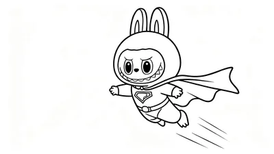 Lijntekening van Labubu, een superheld konijn, vliegend door de lucht met een wapperende cape, een diamantvormig embleem op de borst, puntige tanden en snelheidstrepen achter de benen.