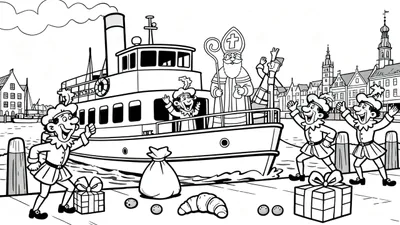Zwart-wit kleurplaat van Sinterklaas die met zijn pakjesboot vol Pieten en cadeaus aanmeert in een feestelijke Nederlandse haven, met juichende Pieten op de kade en een stadje op de achtergrond.
