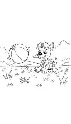 Kleurplaat van Chase van Paw Patrol, lachend spelend met een gestreepte bal in een grasveld met heuvels op de achtergrond.