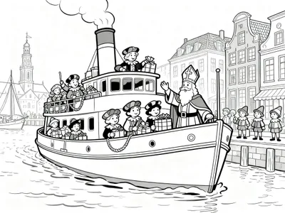 Kleurplaat van Sinterklaas die met zijn stoomboot vol Pieten en cadeaus aankomt in een Nederlandse stad met grachtenpanden, een kerktoren en wachtende mensen aan de kade.