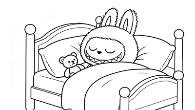 Zwart-wit kleurplaat van Labubu, een pluizig konijnachtig monster, slapend in bed met gesloten ogen, een glimlach met puntige tanden, en een kleine teddybeer naast hem. De scène is vredig en lieflijk.