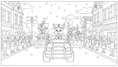 Zwart-wit Paw Patrol kleurplaat van een feestelijke optocht. Chase rijdt in zijn politiewagen, gevolgd door praalwagens met Zuma als piraat en Skye en Rubble, terwijl kinderen langs de kant juichen en confetti valt.