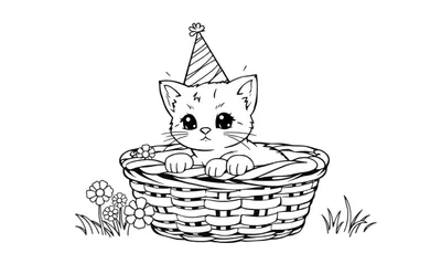 Zwart-wit tekening van een schattig katje met grote ogen en snorharen, zittend in een gevlochten mand en dragend een gestreepte feestmuts met een pluimpje. Rondom de mand bloemen en gras.