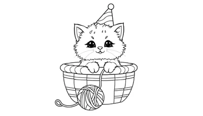 Kleurplaat van een schattig cartoon katje in een mand met feestmuts en bol wol.