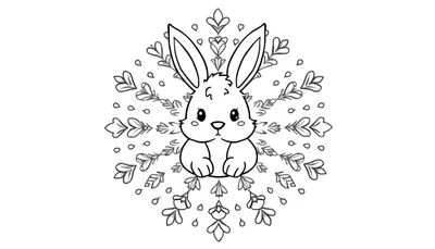 Zwart-witte kleurplaat van een schattig konijntje in het midden van een symmetrisch bloemenmandala.