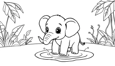 Kleurplaat van een jong olifantje met grote oren en lieve ogen dat in een plas water staat, omringd door junglebladeren.
