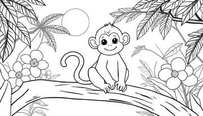 Zwart-wit lijntekening van een schattig, lachend aapje dat op een boomtak zit in een jungle vol bladeren en bloemen. Een cirkel symboliseert de zon of maan.