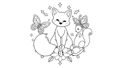 Zwart-wit tekening van een schattige vos met gesloten oogjes, een vlinder die vliegt, een eekhoorn met een vlinder op zijn hoofd, een lieveheersbeestje op een bloem, en zwevende sterretjes, allemaal in een cirkelvormige compositie.