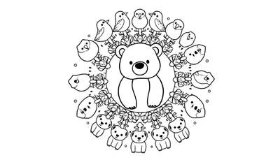 Zwart-wit lijntekening van een mandala met een centrale beer, omringd door vogeltjes, kleine beertjes en kuikentjes.