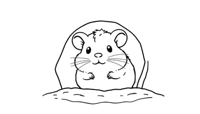 Kleurplaat van een schattige hamster met grote oren die vriendelijk uit zijn hol kijkt.